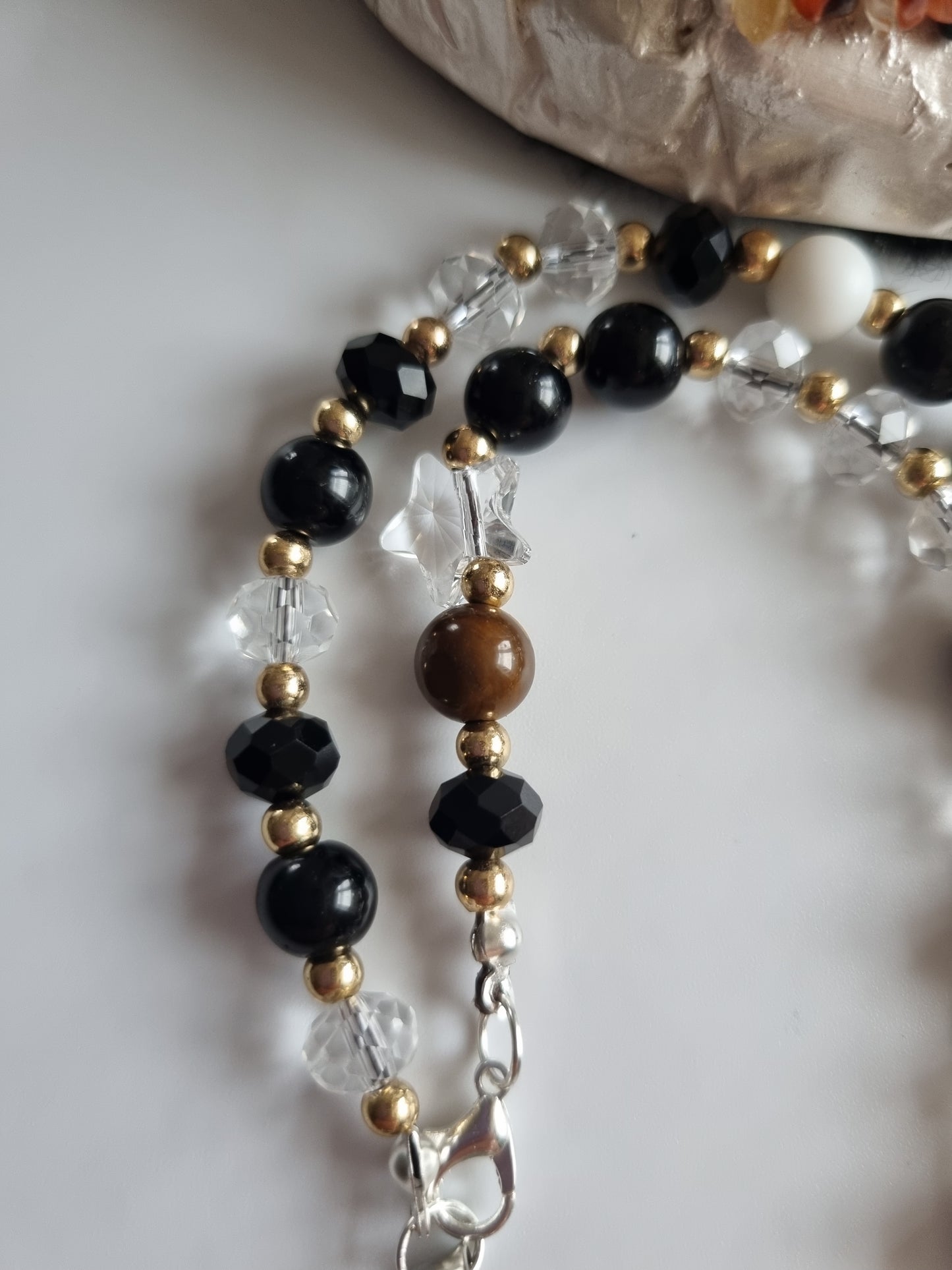 Car decor accessories mirror pendant handmade with sw.crystal start, gemstone tiger eyes glass crystal and black onyx