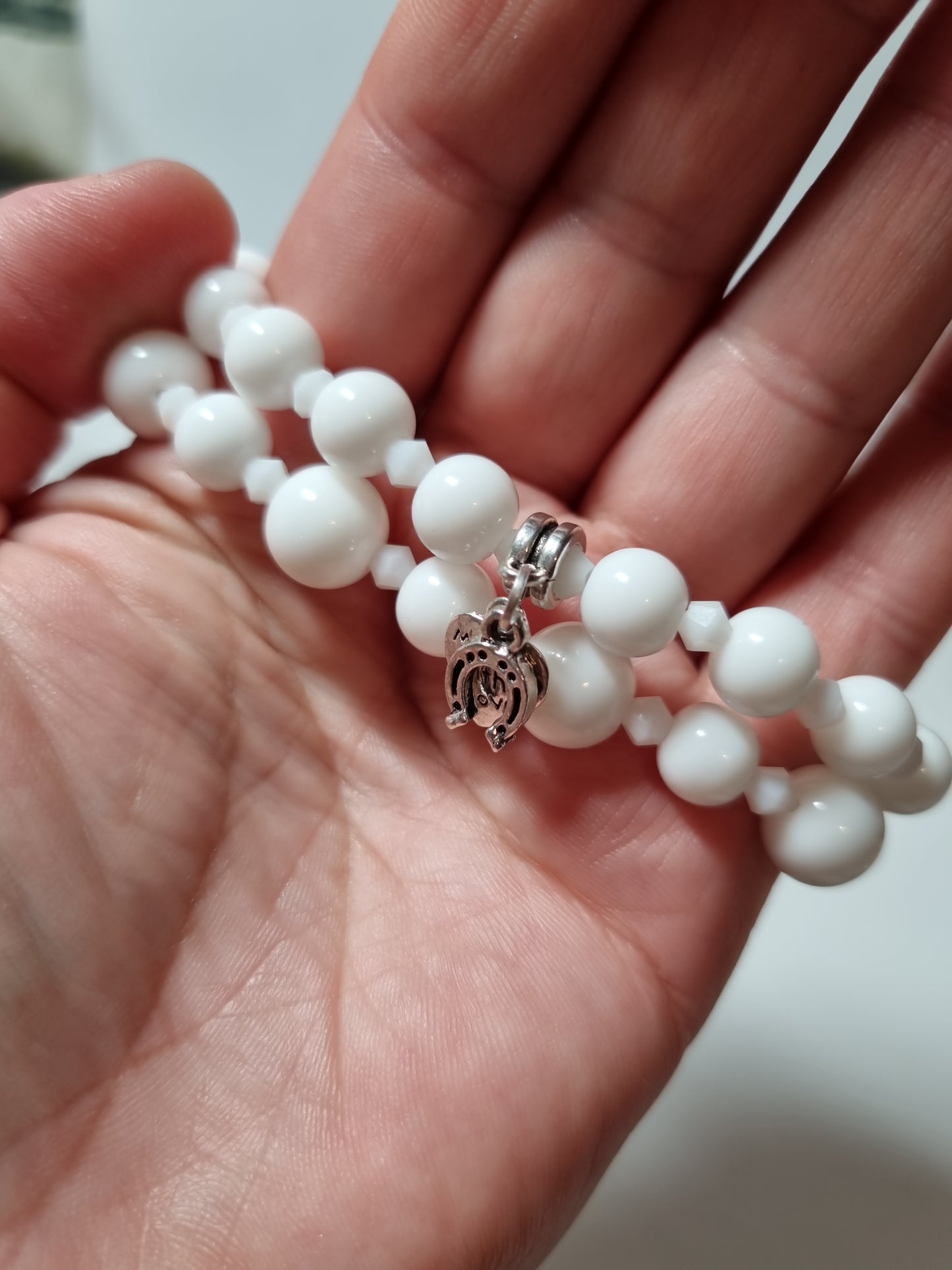Handmade bracelets from gemstones white agate beads with silver color pendant Stretchy bracelet