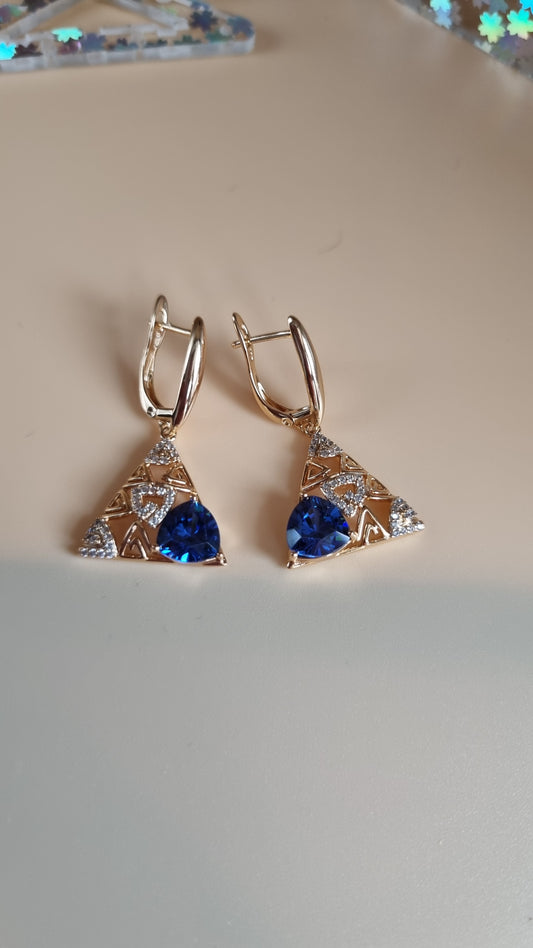 18kr.gold plated earrings waterproof free nickel hypoallergenic metal copper blue zircon