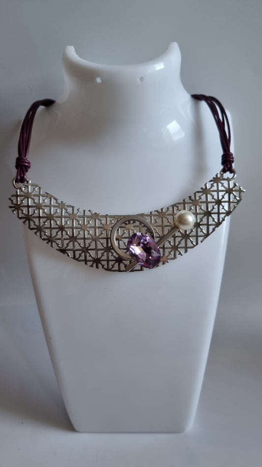 Choker Platinum plated pendant with sw.crystal and freshwater pearl