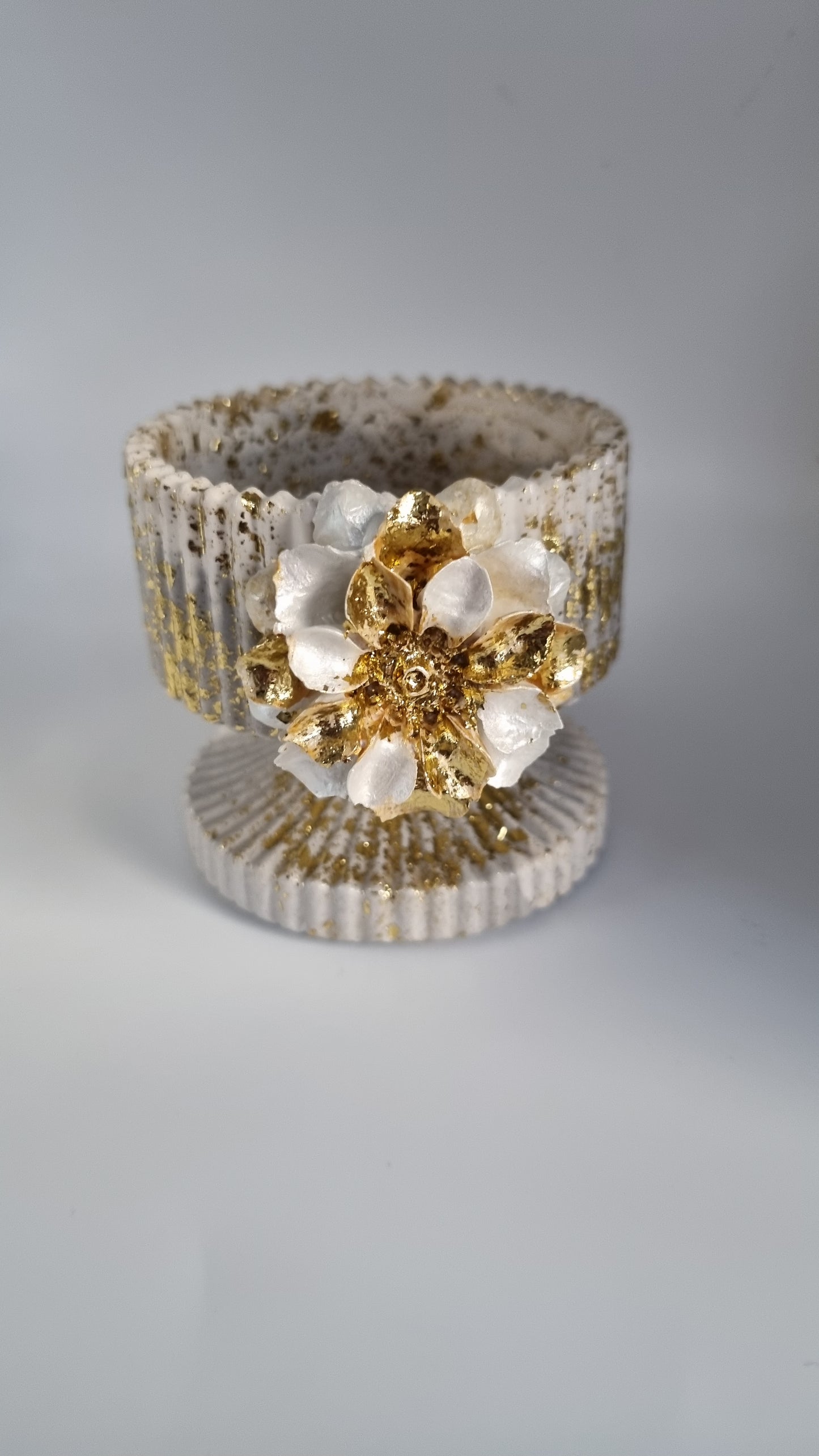 Jar from gypsum handmade very beautiful white-grey pearl color gold colour