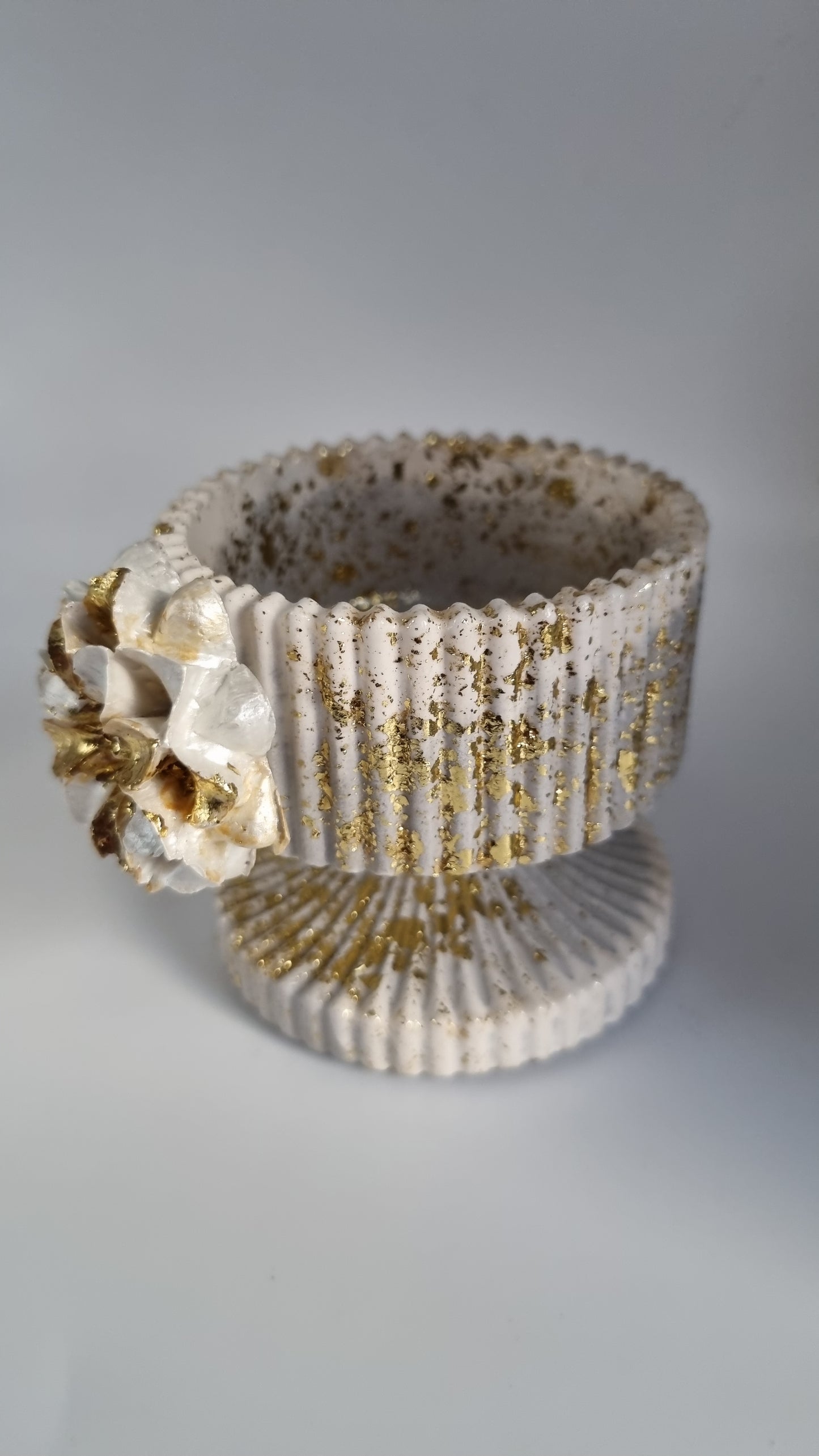 Jar from gypsum handmade very beautiful white-grey pearl color gold colour