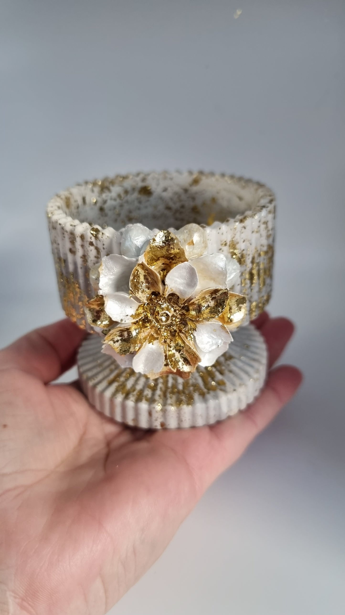 Jar from gypsum handmade very beautiful white-grey pearl color gold colour