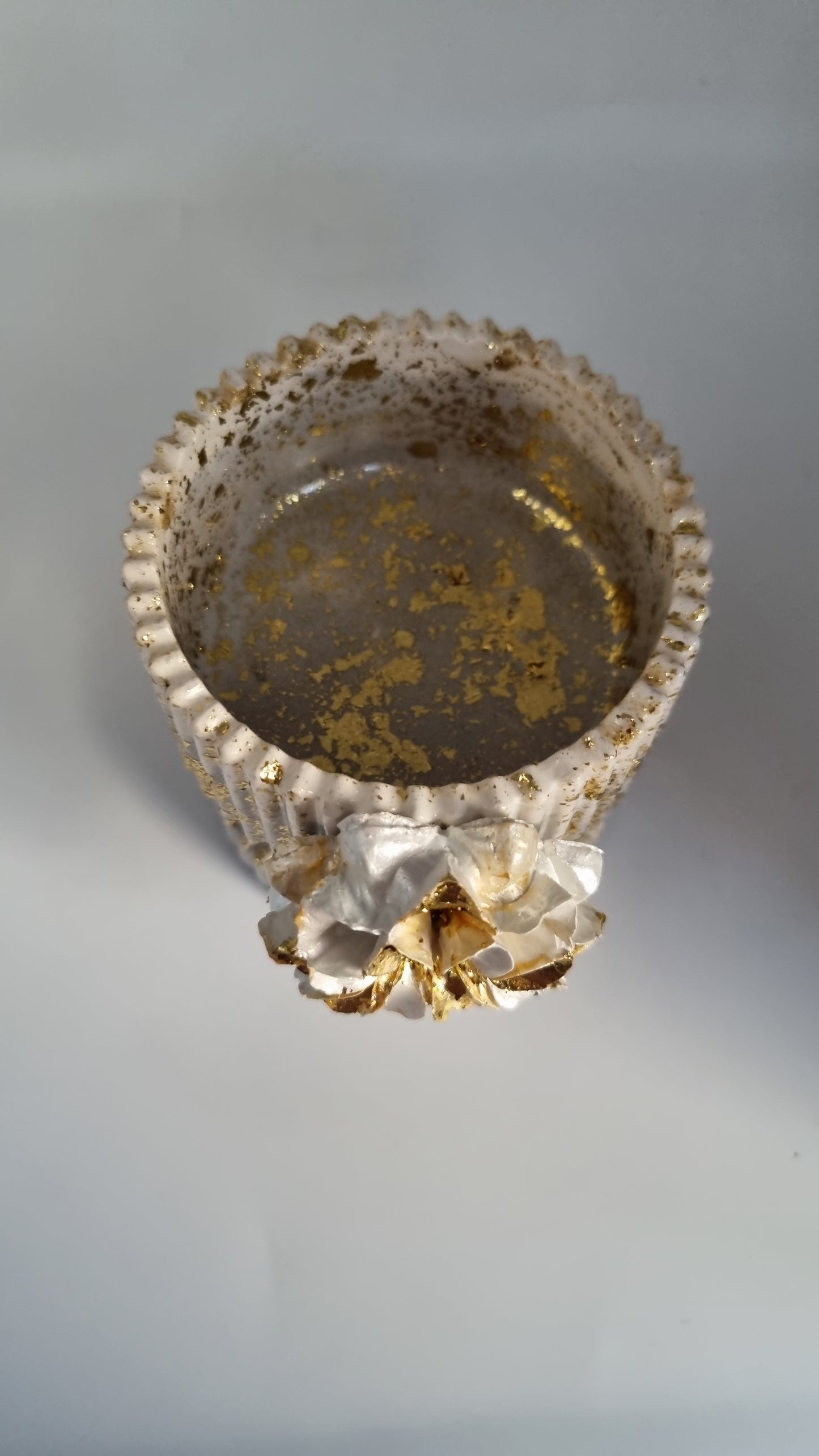 Jar from gypsum handmade very beautiful white-grey pearl color gold colour