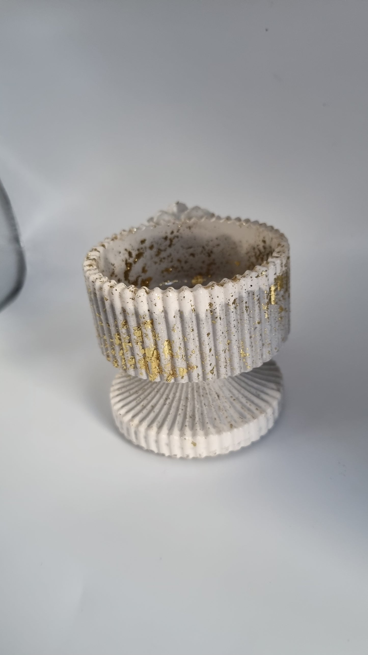 Jar from gypsum handmade very beautiful white-grey pearl color gold colour