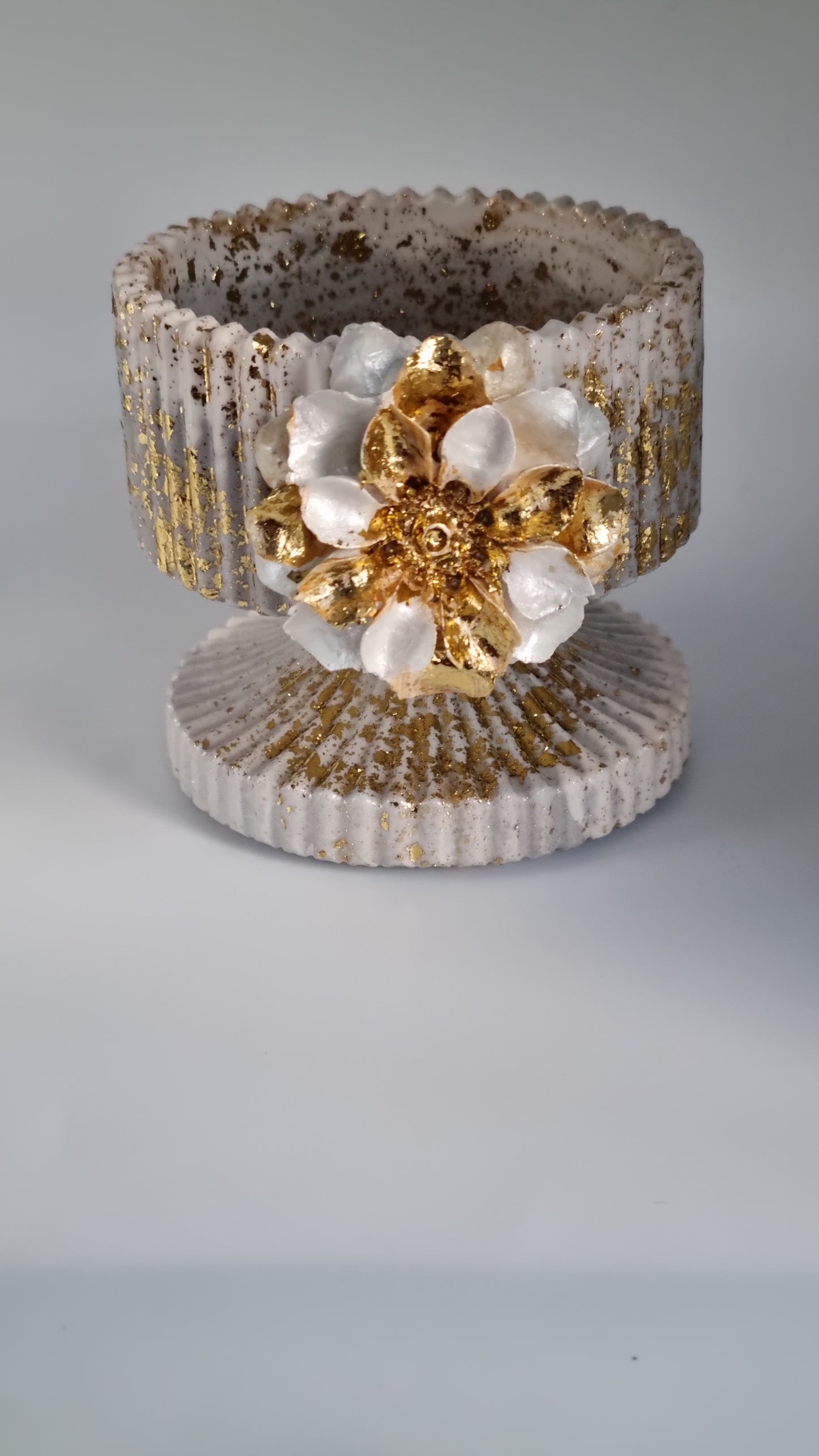 Jar from gypsum handmade very beautiful white-grey pearl color gold colour