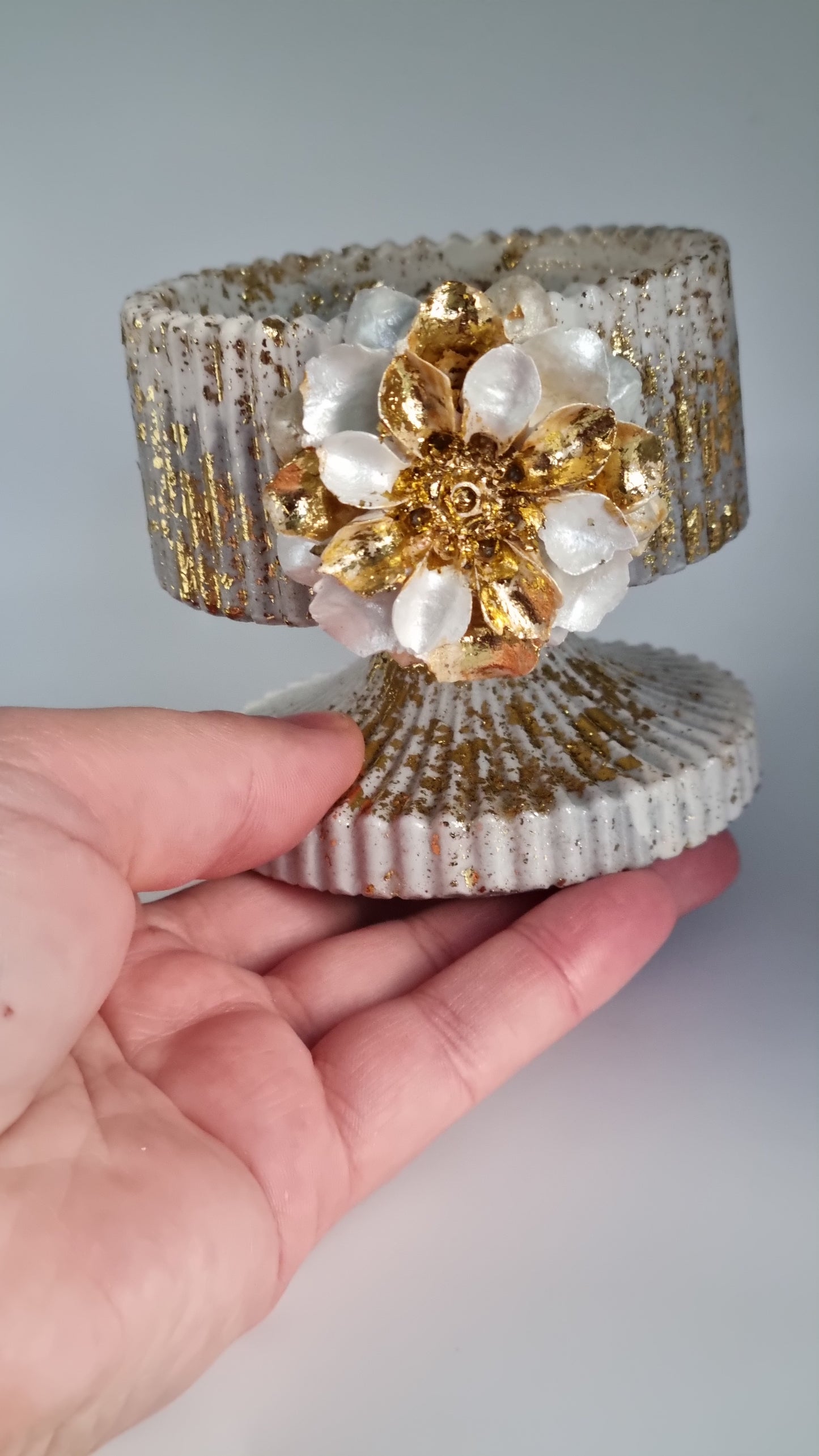 Jar from gypsum handmade very beautiful white-grey pearl color gold colour