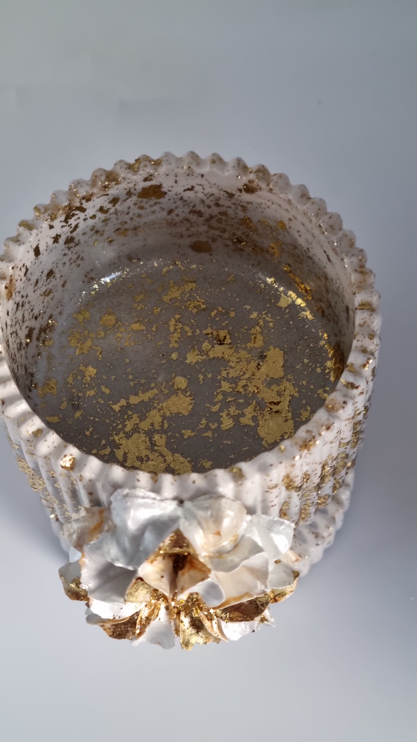 Jar from gypsum handmade very beautiful white-grey pearl color gold colour