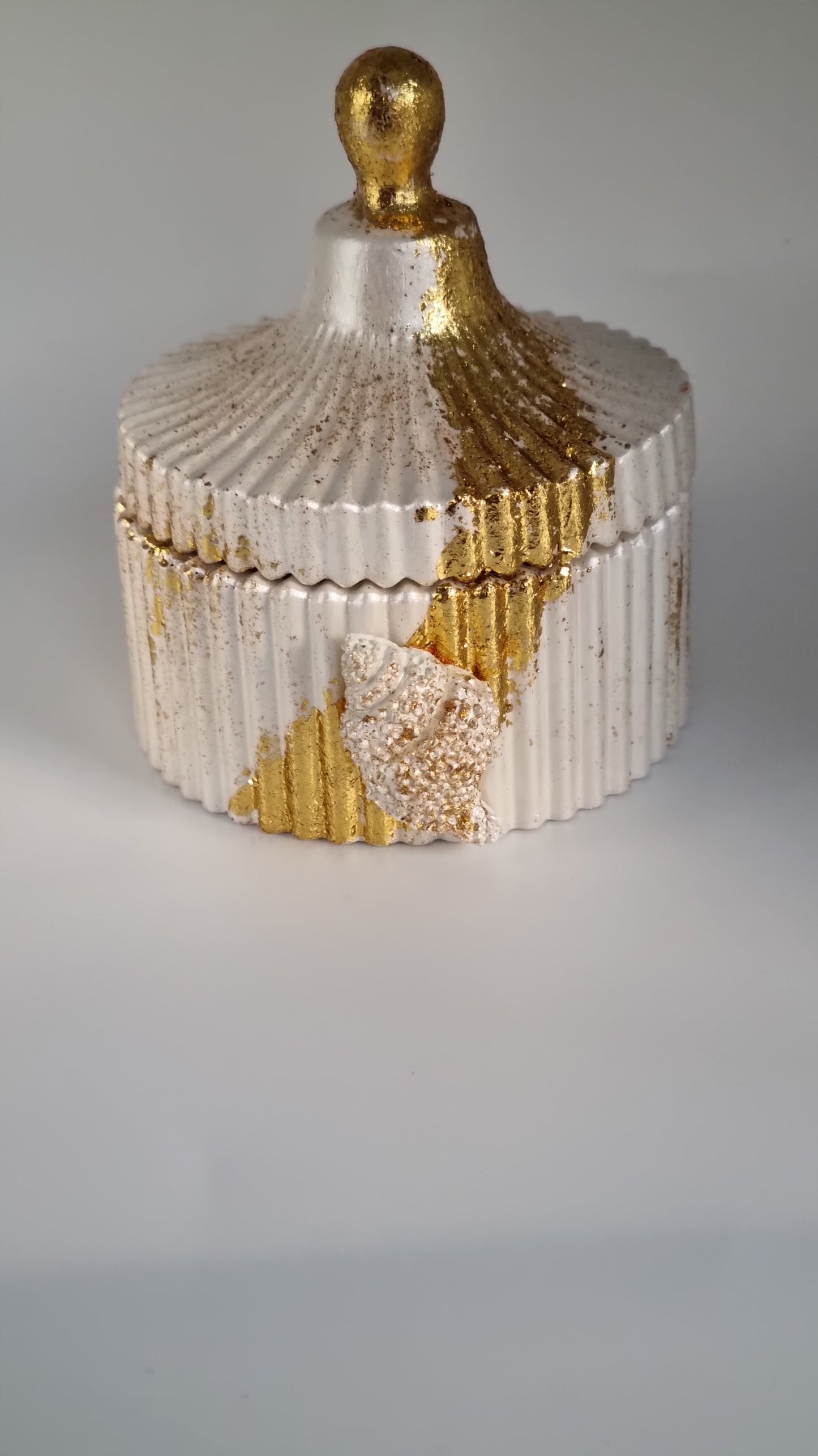 Jar from gypsum handmade very beautiful white pearl metallics color gold colour
