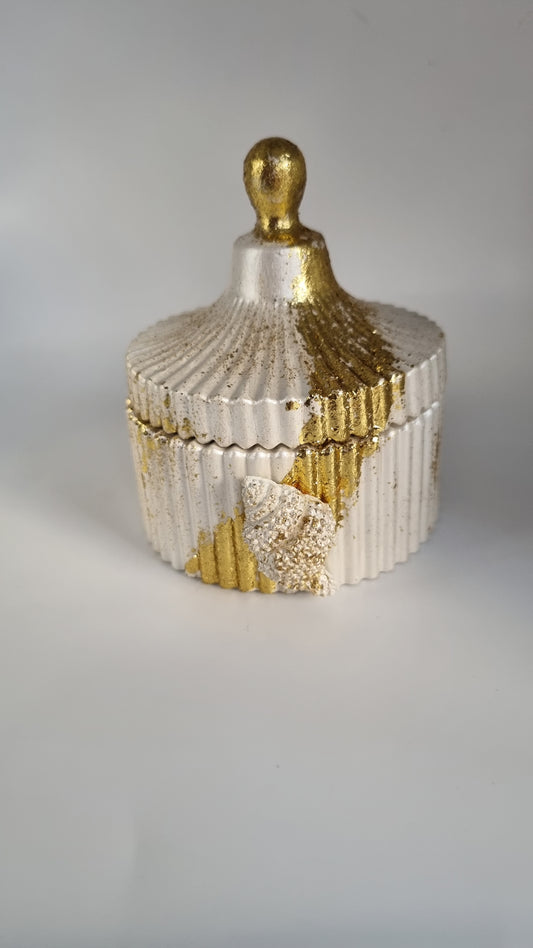 Jar from gypsum handmade very beautiful white pearl metallics color gold colour
