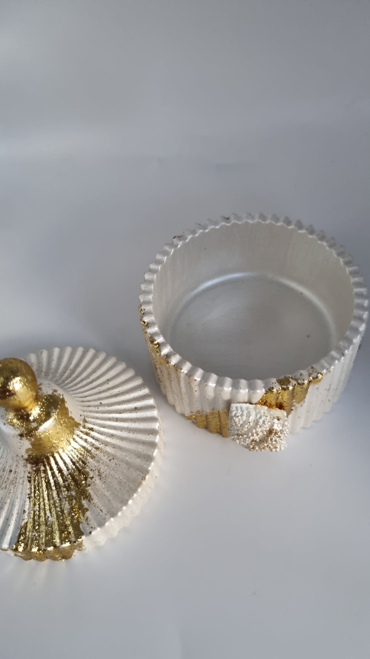 Jar from gypsum handmade very beautiful white pearl metallics color gold colour