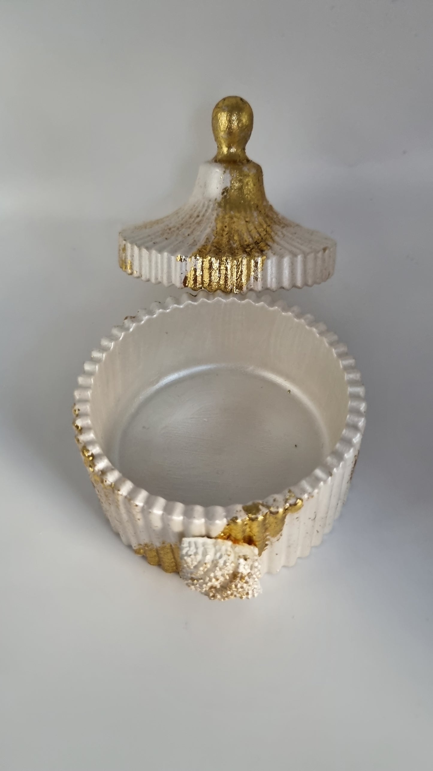 Jar from gypsum handmade very beautiful white pearl metallics color gold colour