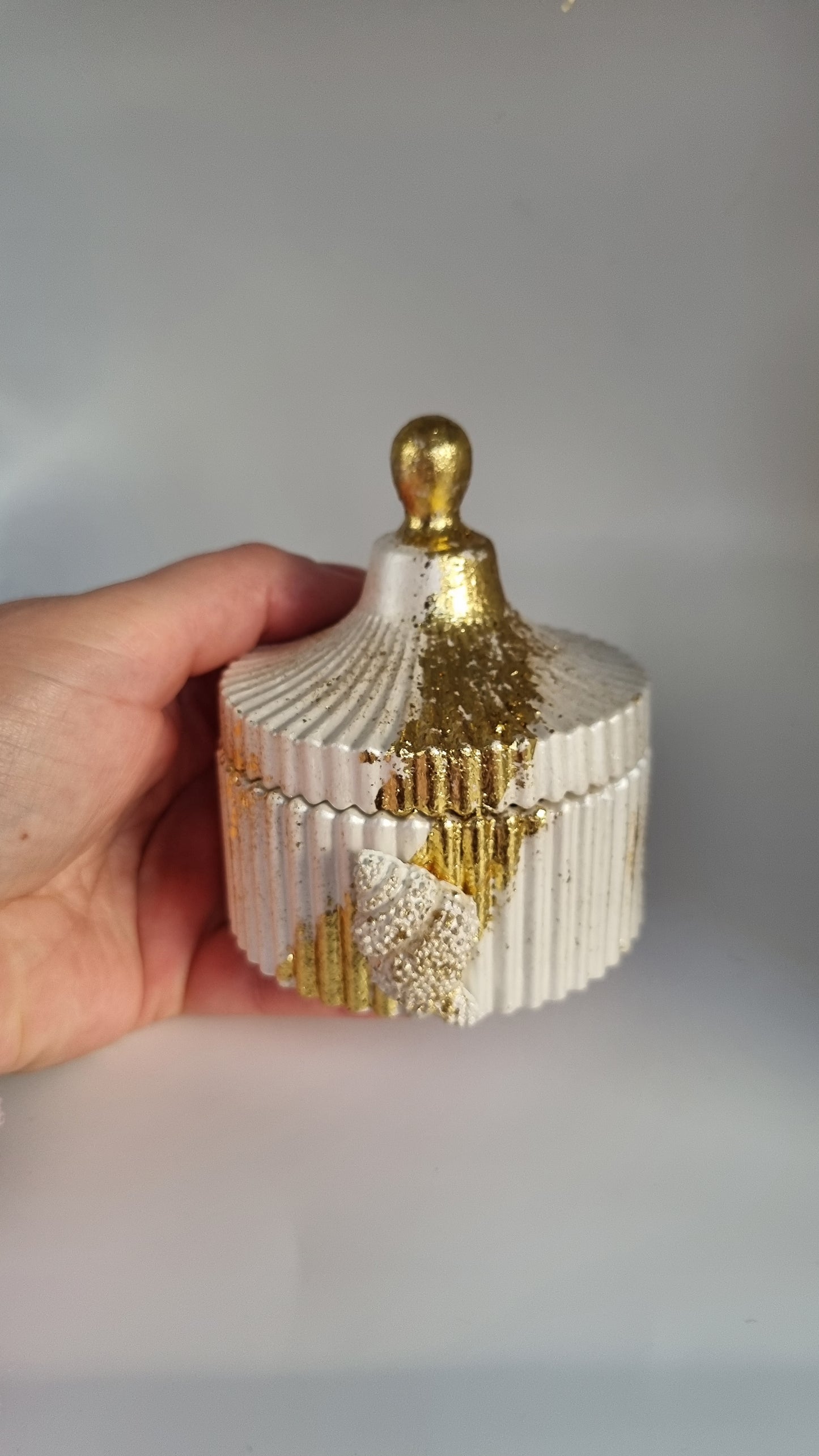 Jar from gypsum handmade very beautiful white pearl metallics color gold colour