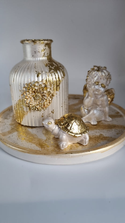 Gypsum handmade set with vase,tray,angel and turtle Pearl white color gold plated colour