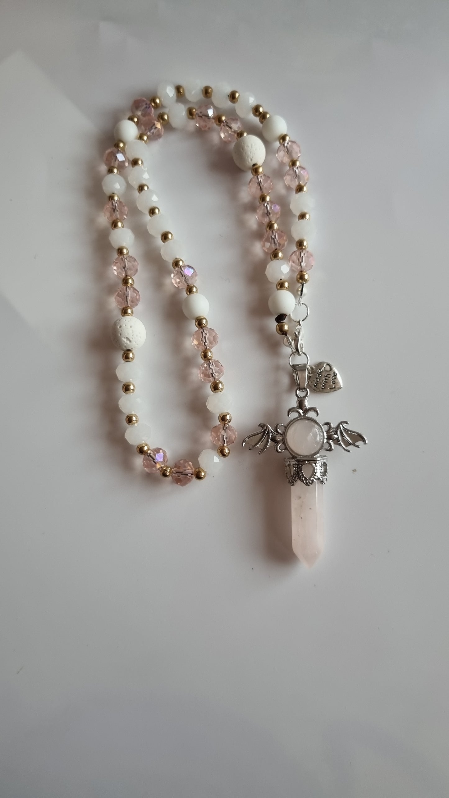 Handmade natural crystal lava  and glass crystal beads with natural Stone  pendant rose quartz  beautiful car accessories🩷