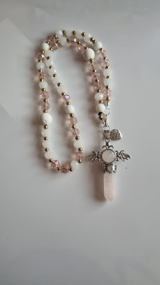 Handmade natural crystal lava  and glass crystal beads with natural Stone  pendant rose quartz  beautiful car accessories🩷