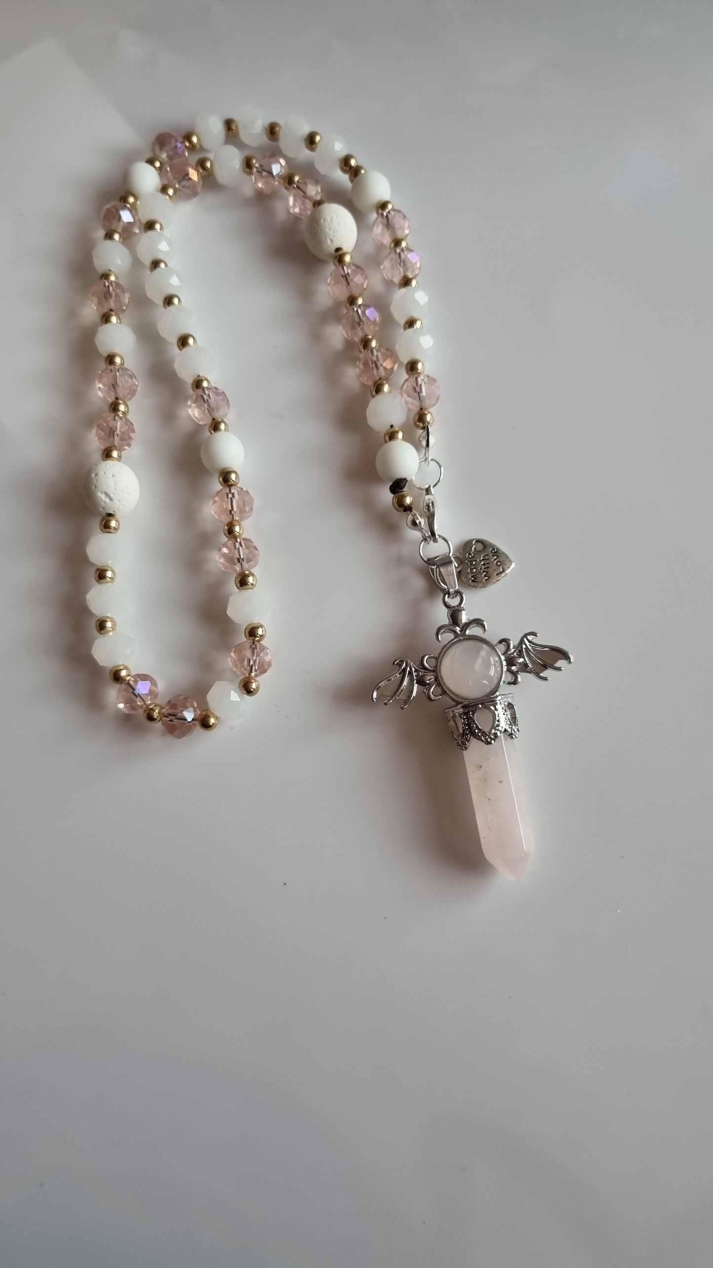 Handmade natural crystal lava  and glass crystal beads with natural Stone  pendant rose quartz  beautiful car accessories🩷