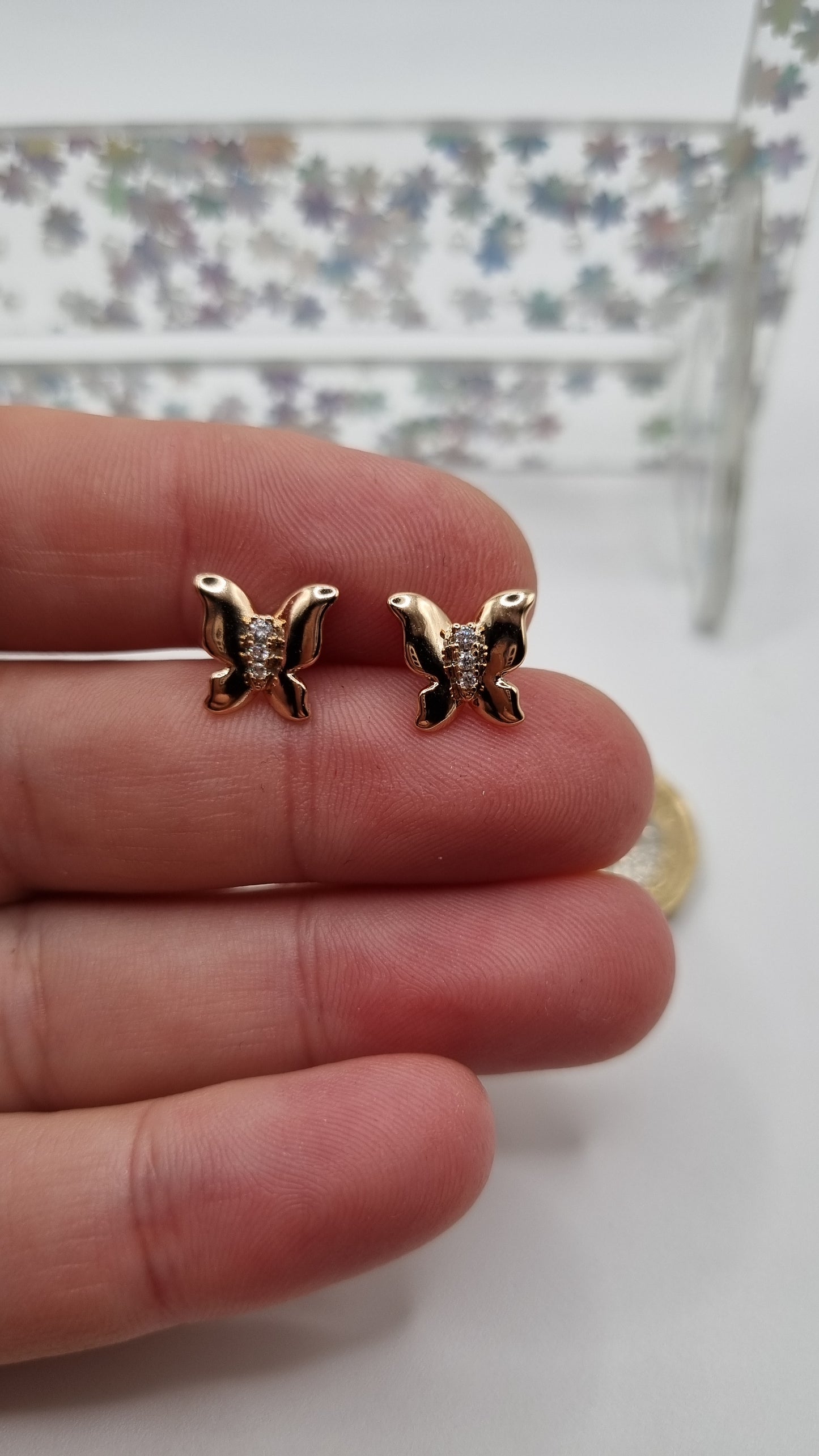 18kr.gold plated stud earrings butterfly with sw.crystal
