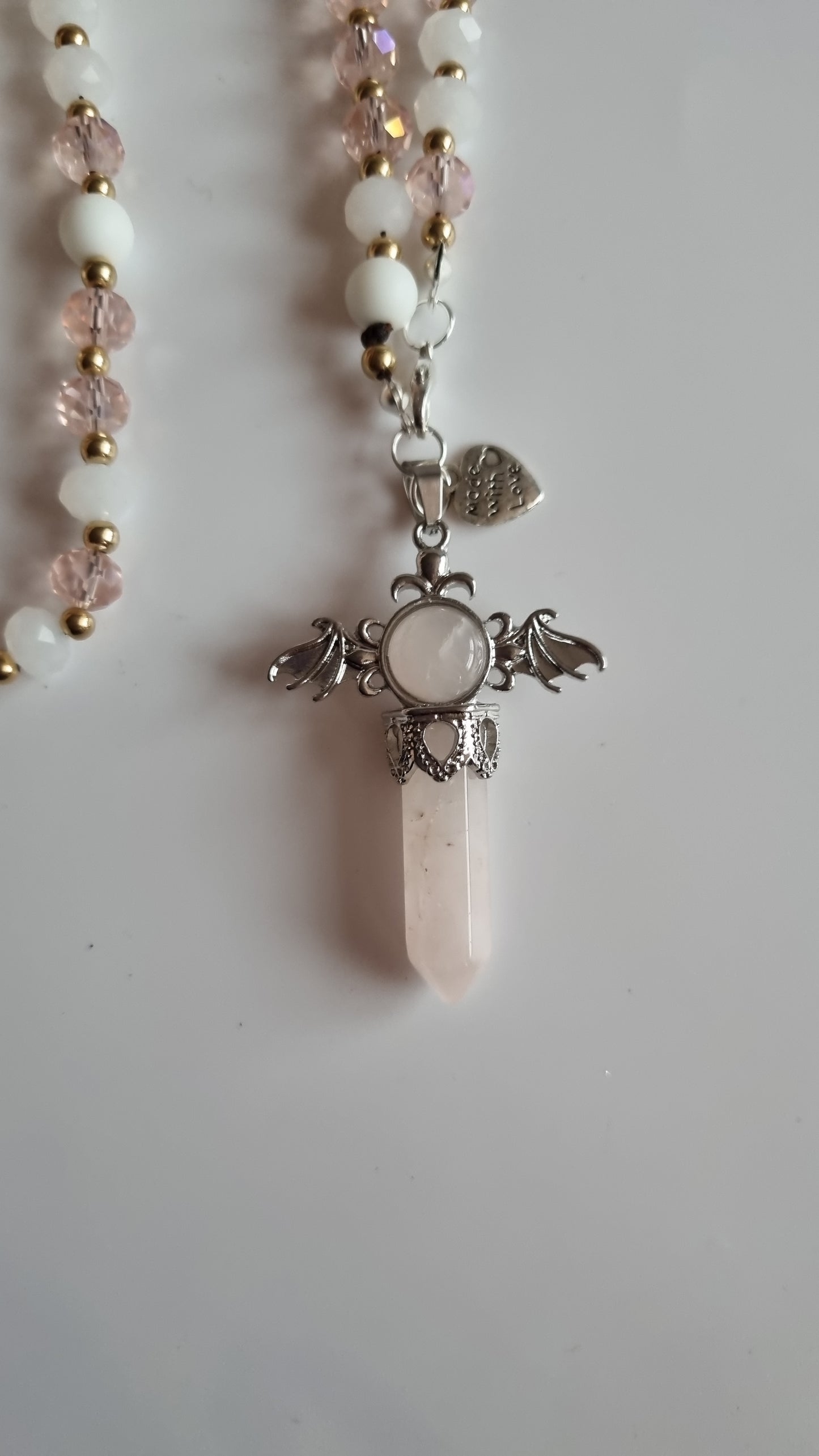 Handmade natural crystal lava  and glass crystal beads with natural Stone  pendant rose quartz  beautiful car accessories🩷